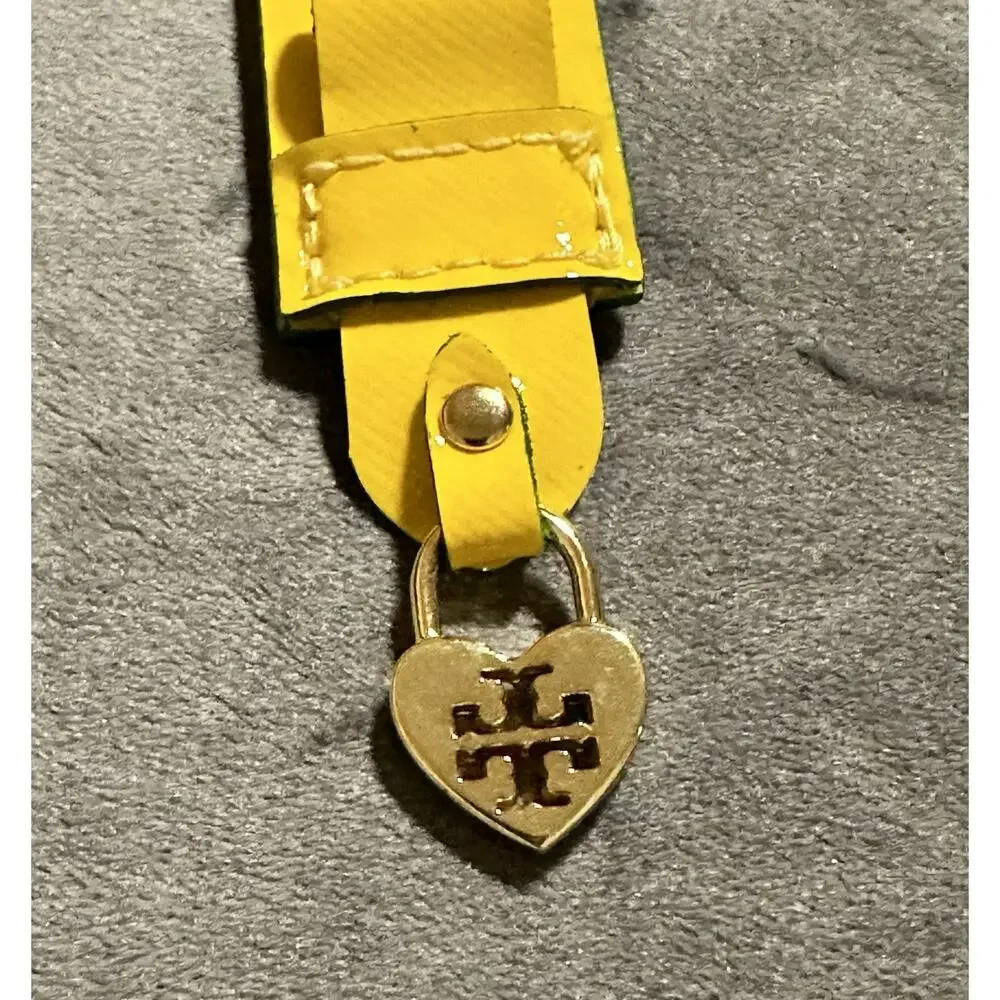 Tory Burch Yellow Leather Cuff Bracelet Heart Logo Charm Made in USA Adjustable